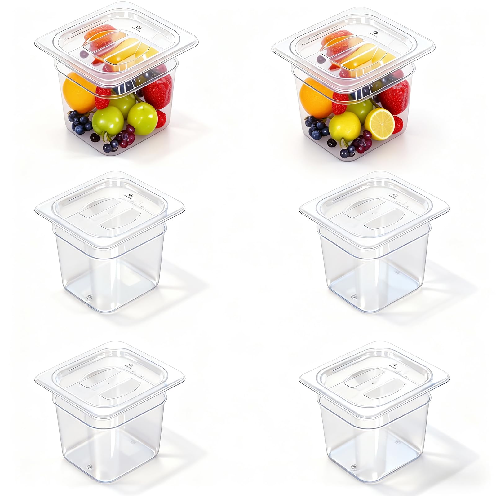 CTJ 6 Pack NSF Food Pans with Lids 1/6 Size, 6'' Deep Commercial Clear Plastic Food Storage Containers Stackable Polycarbonate Hotel Pans for Kitchen Restaurant Food Prep, Freezer-Safe