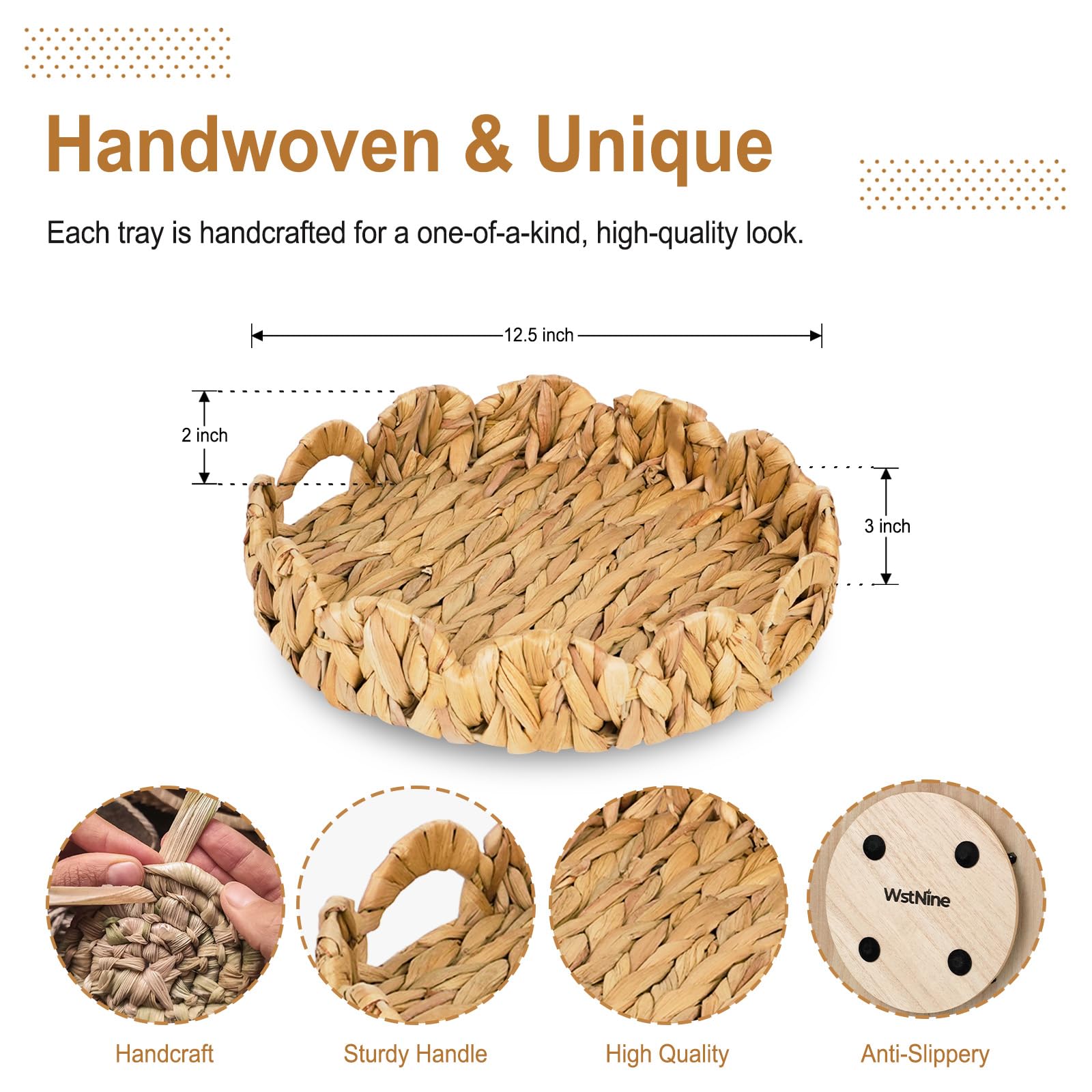 Rattan Serving Tray, 12.5 Inches, Turntable, Round Wicker Tray for Coffee Table, Home and Kitchen, Organizer with Handles, Handwoven Lazy Susan for Tabletop, Countertop