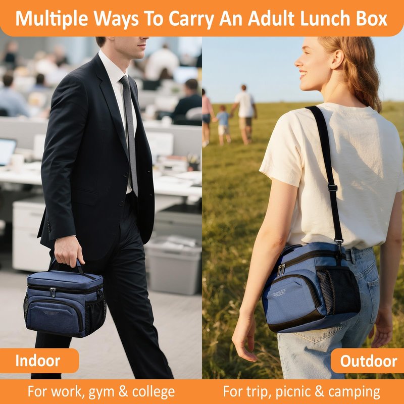 Vankor Lunch Box for Men Women, Large Double Layer Insulated Lunch Bag Tote Expandable Leakproof Waterproof Cooler Bag with Adjustable Shoulder Strap for Work Office Picnic Travel, Blue
