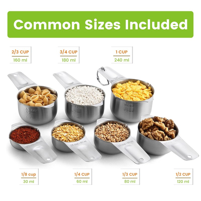 Spring Chef Stainless Steel Measuring Cups Set of 7 with Pour Spout - Nesting Kitchen Tools with Easy Read Markings to Measure Dry or Liquid Ingredients - Metal Measuring Cups for Baking & Cooking