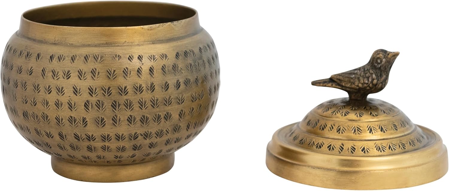 Round Hammered Metal Container - Elegant Bird Finial Design in Brass Finish