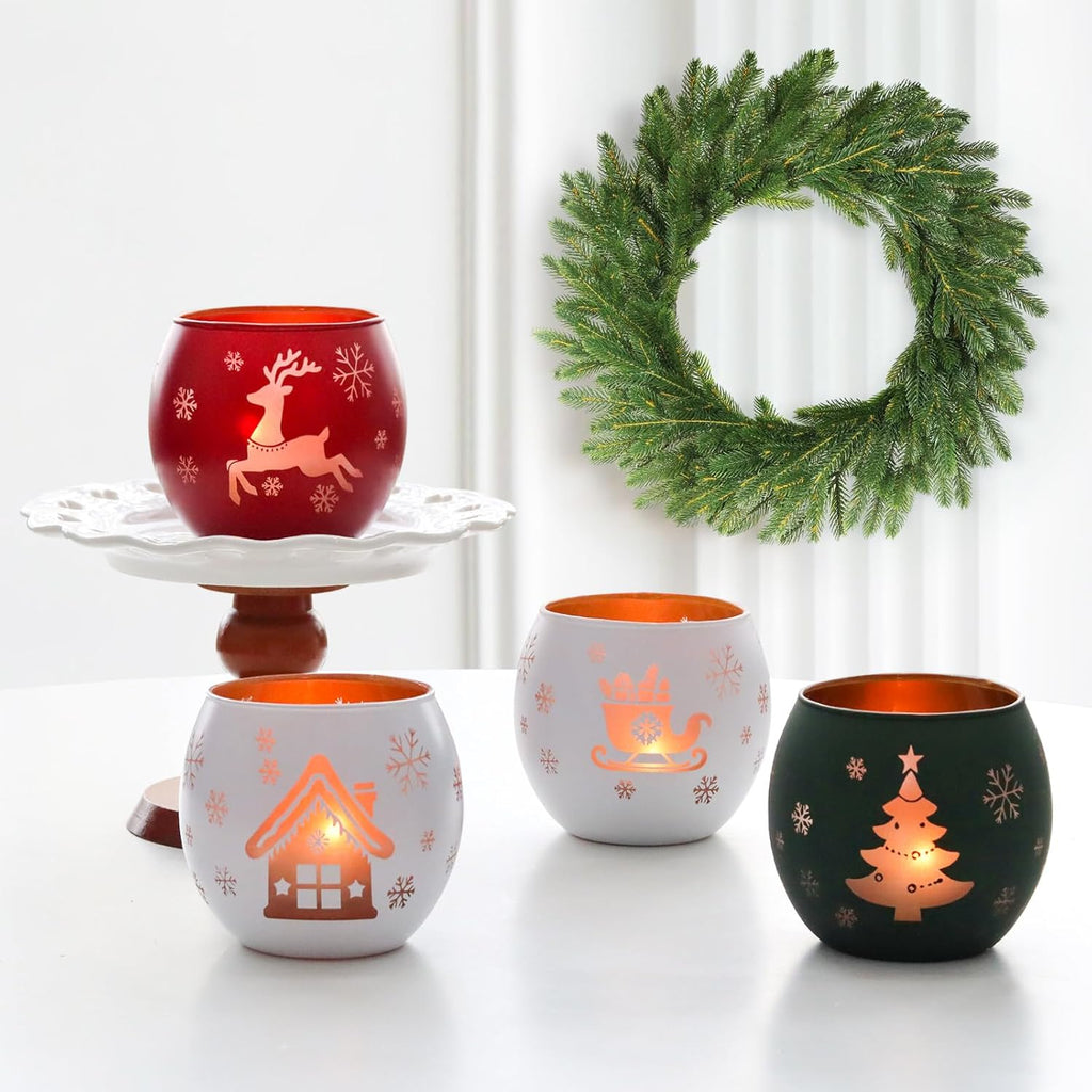 Skiennix Christmas Candle Holders - Set of 4 Frosted Glass Tealight Votives | Holiday Table Centerpiece (Red, Green, White)