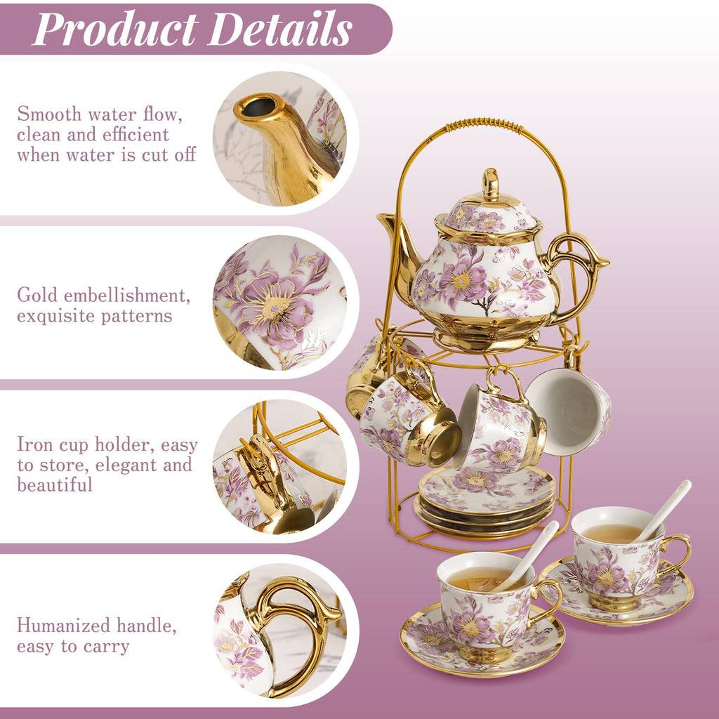 YCWF 20 Pcs Porcelain Tea Set With Metal Holder,European Ceramic Tea Set for 6,Beautiful Tea Cup Gift Sets for Home&Party (Purple)