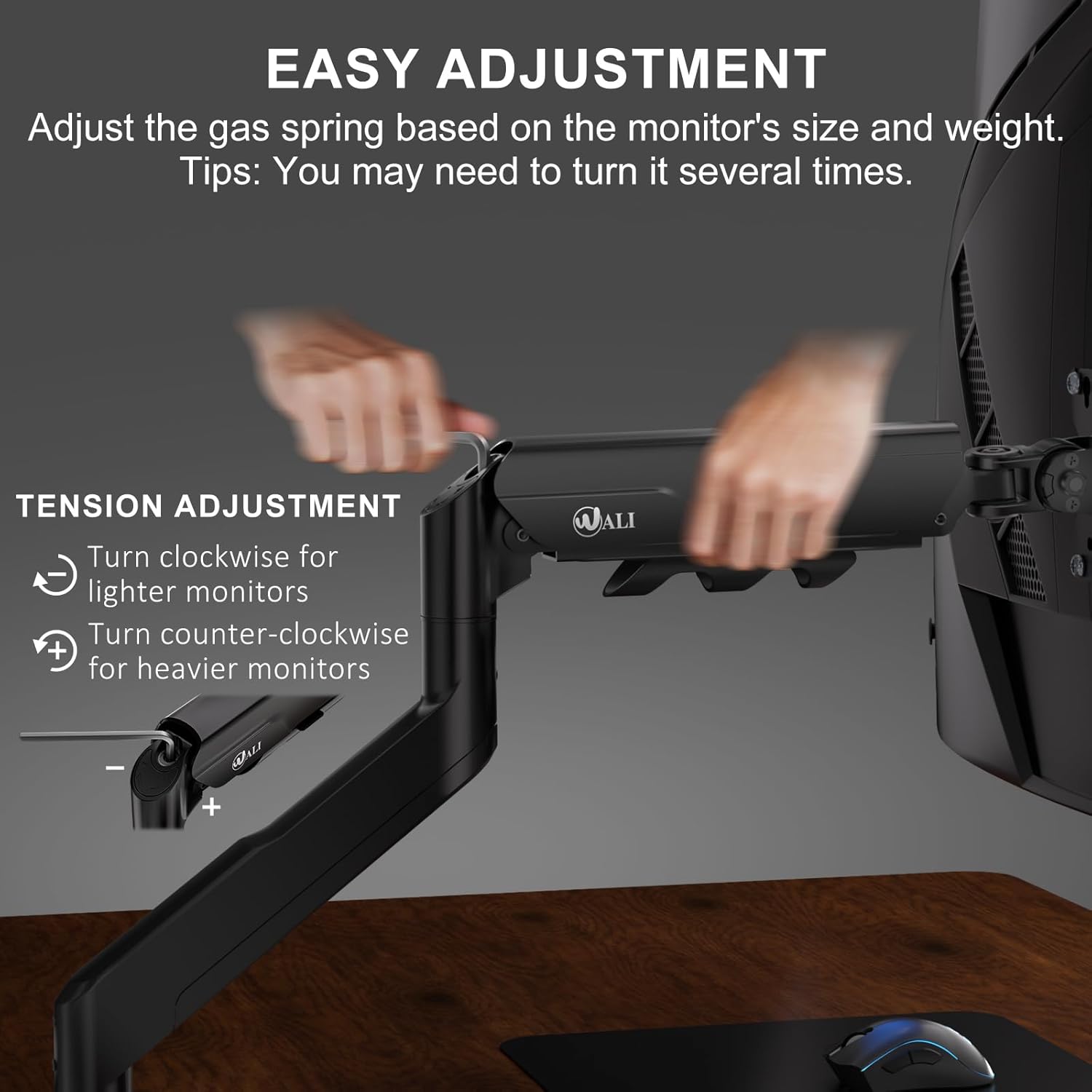 WALI Heavy Duty Monitor Arm - Adjustable Gas Spring Desk Mount for 17-49 Inch Screens | Black