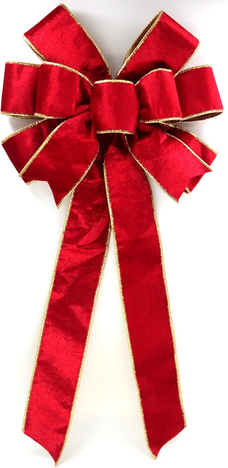Red Velvet Christmas Bows - Gold Wired Decorative Bows for Wreaths, Trees & Outdoor Decor | Gift Box Included