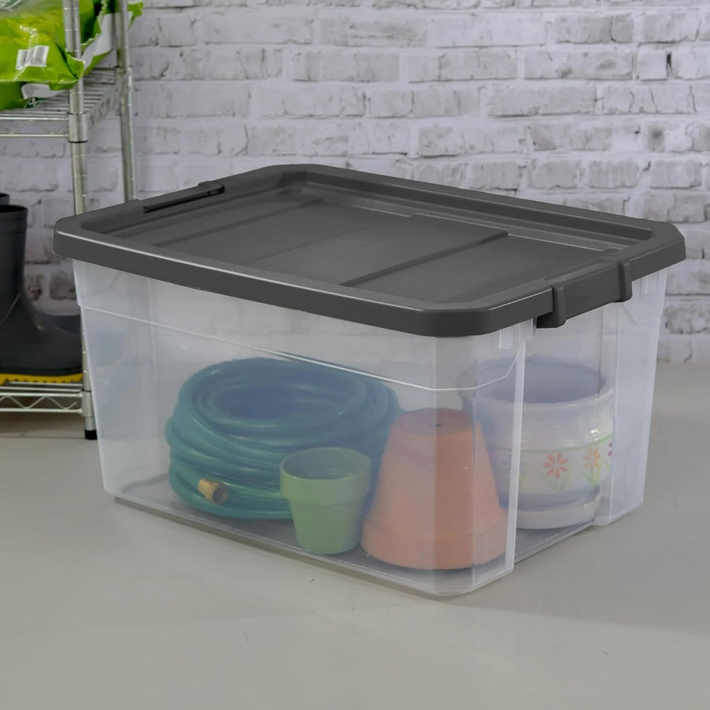 Stacker Box 76 Quart - Heavy-Duty Clear Plastic Storage Bin with Secure Latch Lid | Dark Gray