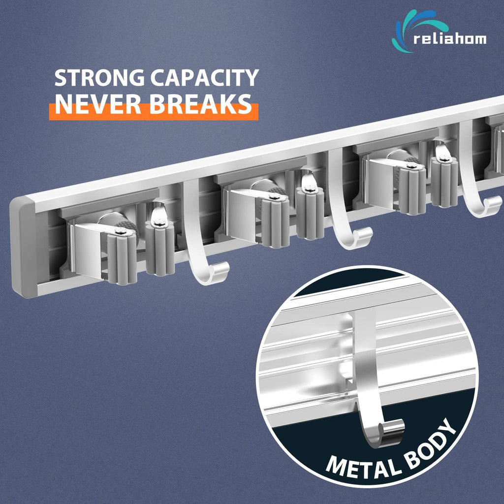 Reliahom Broom Holder Wall Mount - 5 Racks & 4 Hooks for Garage, Kitchen, Garden, Laundry Room Storage