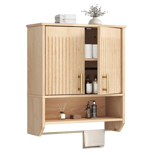 HOOBRO Fluted Bathroom Wall Cabinet, Farmhouse Medicine Cabinet with 2 Fluted Doors, Wall Storage Shelf with Towel Rack, Adjustable Shelf, for Small Spaces, Bathroom, Kitchen, Natural