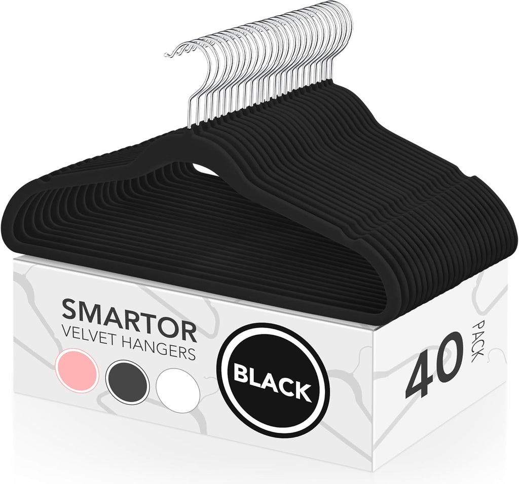 Smartor Velvet Hangers - 40 Pack Non-Slip Heavy Duty Felt Hangers | Premium Slim Black with 360° Rotating Hook