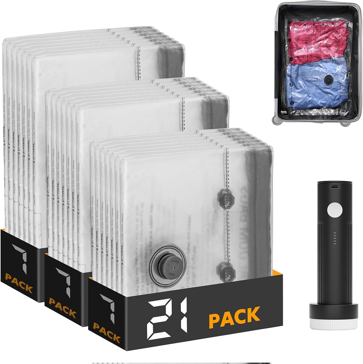 SpaceAid Travel Vacuum Bags - 21 Pack Compression Bags with Electric Pump for Clothing & Luggage