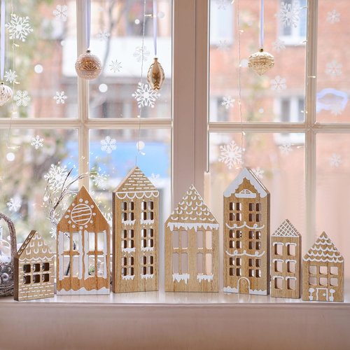 Briwooody Christmas Village Houses Set - 7 Pcs Wooden Gingerbread Decor for Home & Office | Winter Shelf Ornament