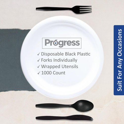 Progress Plastic Cutlery Individually Wrapped Spoons Heavy Duty Disposable [1000 Count- Bulk ] Strong & Durable Black for BBQ Party Supplies Restaurants Office all events Plasticware Disposable Spoons