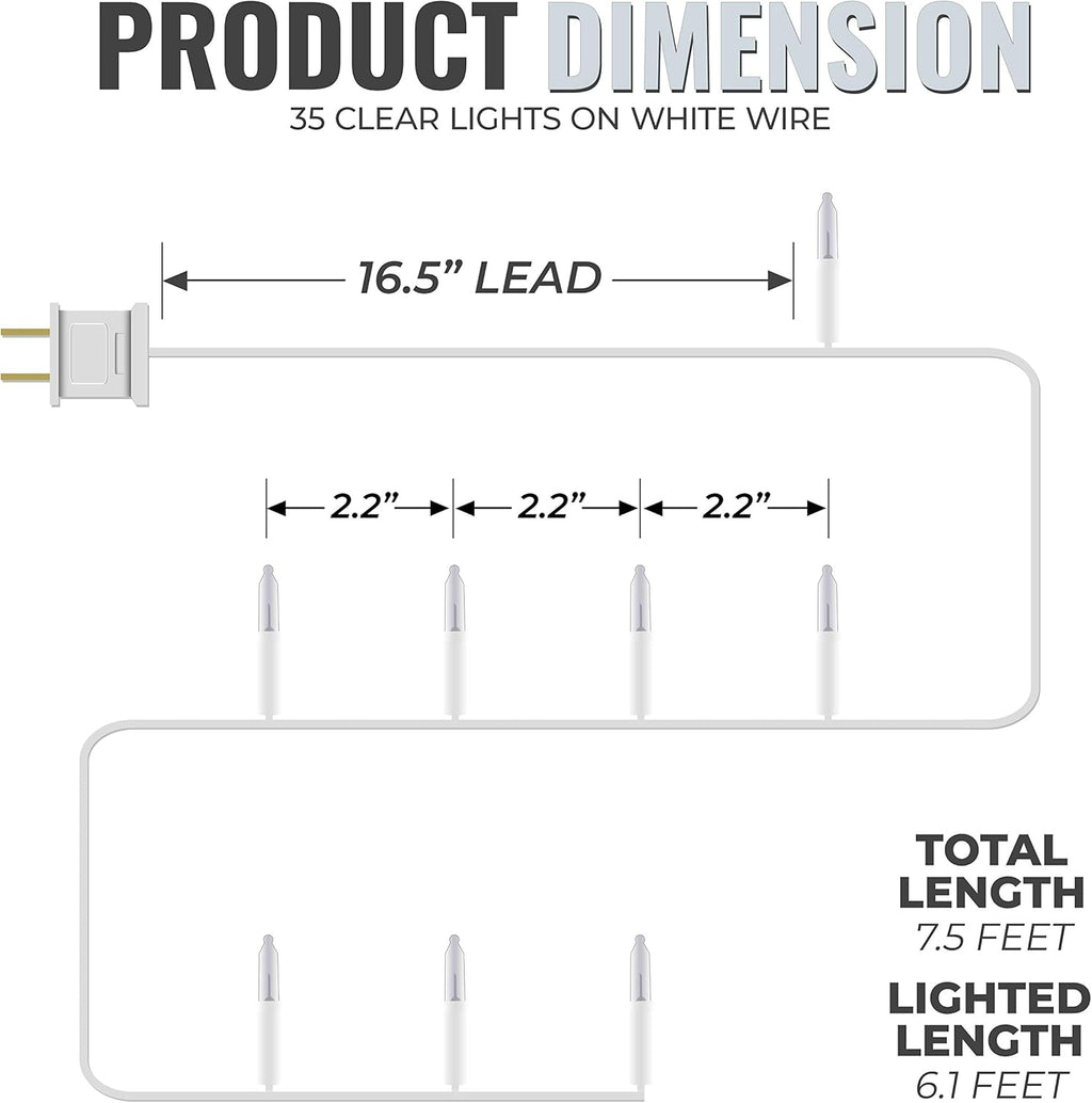 612 Vermont Christmas String Lights - 35 Count Clear Bulbs on White Wire | UL Approved, 7.5 Ft Total Length