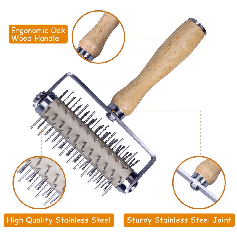 Stainless Steel Pizza Docker, Pizza Dough Docker with Wooden Handle, Pizza Roller with Spikes, Roller Docker, Pizza Hole Puncher, Dough perforator, Pastry, Cookie, Bread, Crust, Baking Dough Piercer