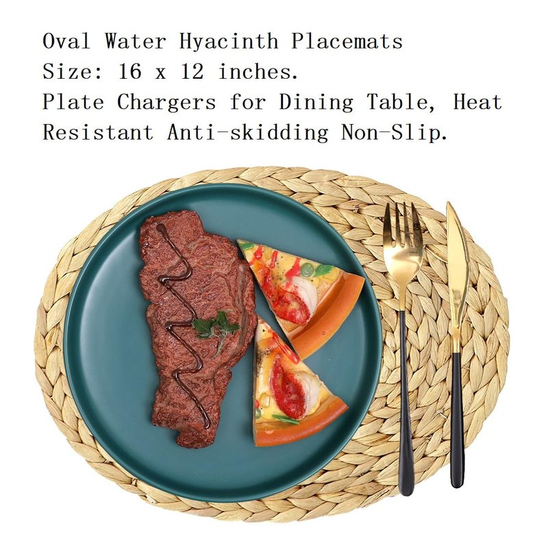 DAJAMAI Oval Woven Placemats Set of 6, Natural Water Hyacinth Charger Plates Non-Slip Weave Placemats Farmhouse Straw Braided Rattan Tablemats, Oval Wicker Place Mats for Dining Table