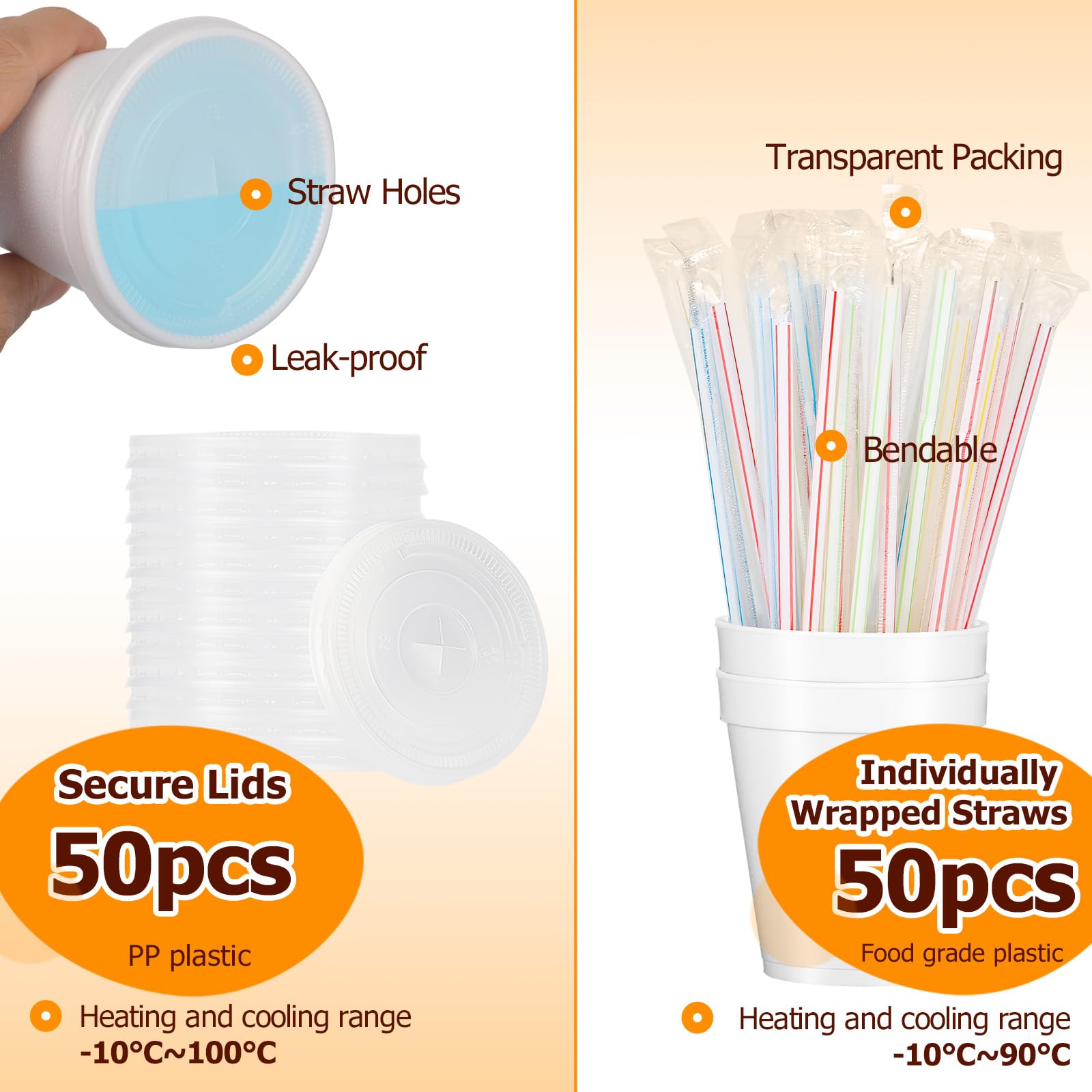 RIKICACA 8 Oz Styrofoam Cups with Lids and Drinking Straws, Disposable White Foam Cups for Hot Cold Drink Beverage, To Go Drinking Container for Coffee, Tea, Juice - 50Sets/150pcs