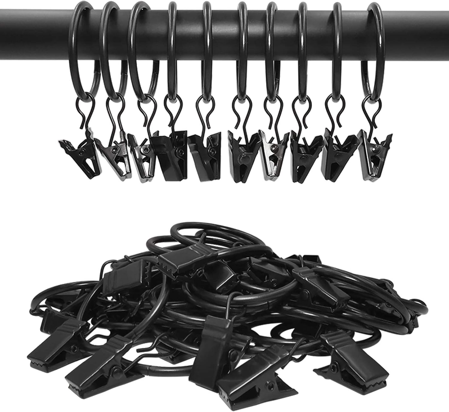 Skiennix Curtain Rings - 40 Pack Drapery Clips with 1.26" Interior Diameter - Fits Up to 1" Rod, Black