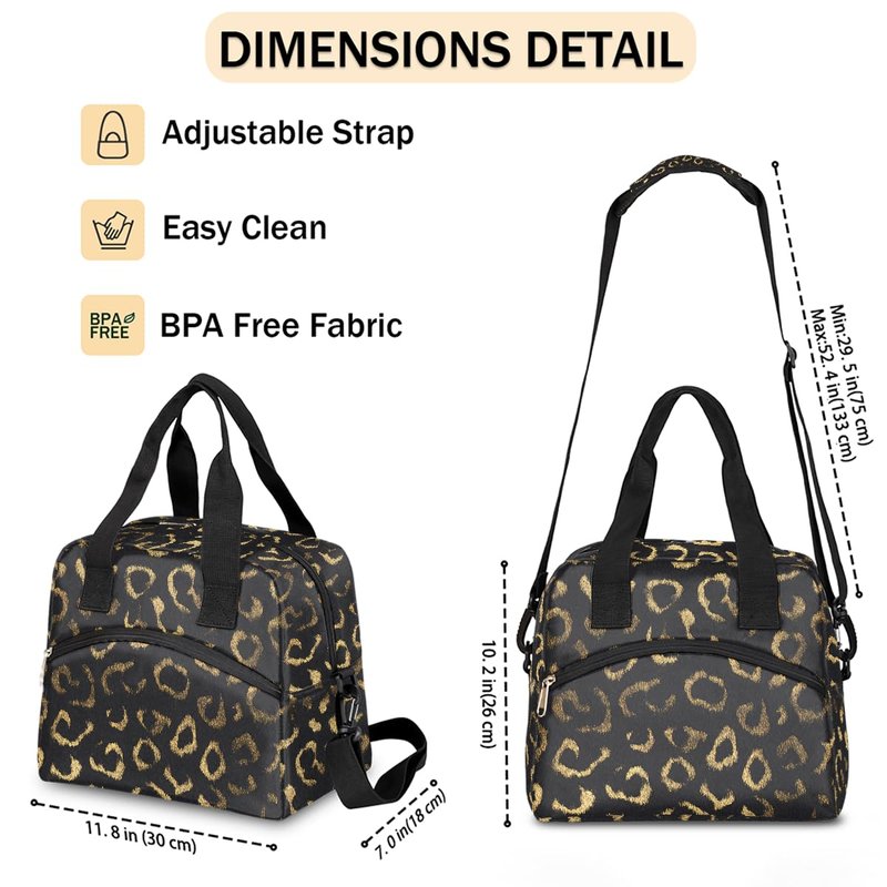Black Gold Leopard Cheetah Insulated Lunch Bag for Women Men Adult Lunch Tote Bag with Shoulder Strap Reusable Lunch Box Large Containers Thermal Cooler Bag for Work School Picnic Lightweight Handbag
