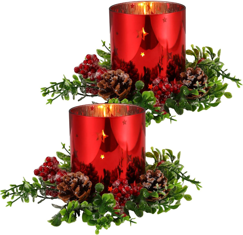 Sliner Christmas Glass Candle Holders - 4 Pcs 4.7 Inch Votive Holders with Berry Ring & Pinecone Decor