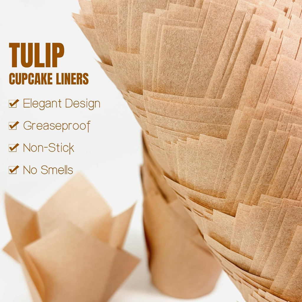 Skiennix Tulip Cupcake Liners - 250 Pcs Parchment Paper Muffin Liners for Baking | Natural Color