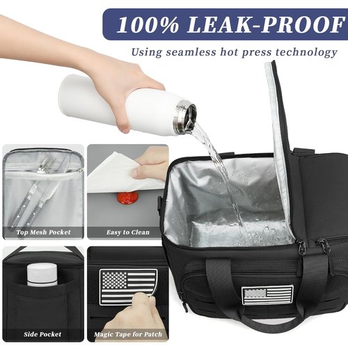 ZOMFELT Lunch Box for Men Women, 14L Tactical Insulated Lunch Bag with Dual Compartment, Leakproof Adult Lunch Bags with Shoulder Strap, Cooler Tote Box for Work, Beach, Picnic, Travel, Black