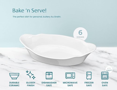 Kook Mini Au Gratin Baking Dishes - Set of 6 Ceramic Casserole Dishes, 12 oz, Oven & Microwave Safe | Ivory