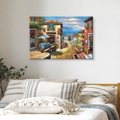 UTOP-art Italian Cityscape Abstract Wall Art Artwork: Mediterranean City italy Street Towns Picture Painting on Canvas for Paris Cafe Room