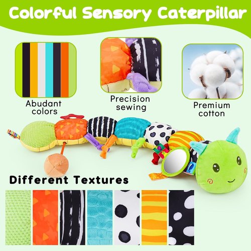 Baby Sensory Toy - Plush Caterpillar Music Toy with Mirror & Crinkle Rattle for Infants 0-6 Months