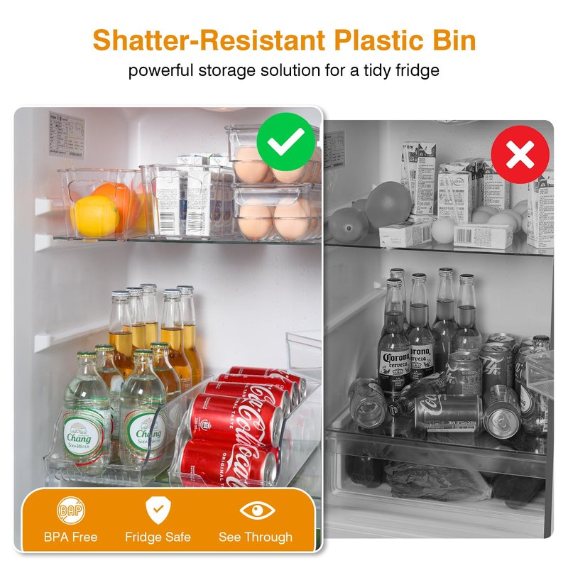 OTraki 6 Pack Fridge Organizer Storage Bins Drink Organizer for Fridge include Soda Can Dispenser Egg Holder Storage Bin with Handle Soda Organizer for Refrigerator Kitchen Countertop BPA Free