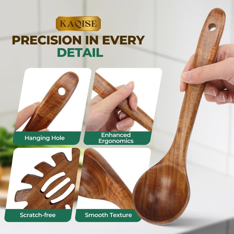 KAQISE Wooden Ladle for Soup, Pasta Spaghetti Spoon with Teeth, Teak Slotted Strainer Spoon for Serving Noodle, Wooden Pasta Fork Server Kitchen Utensils Set(2PCS)