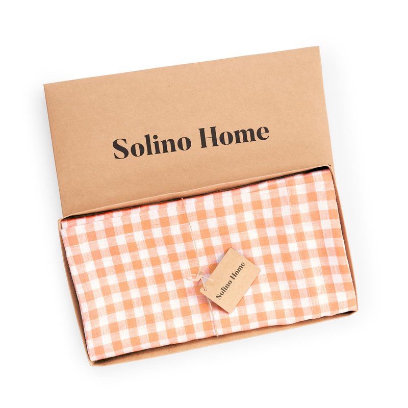 Solino Home Linen Gingham Tablecloth 60 x 90 Inch - 100% Pure Linen Checkered Sunny Orange Table Cloth for Rectangle Tables - Machine Washable Tablecloth for Spring, Summer, Mothers Day