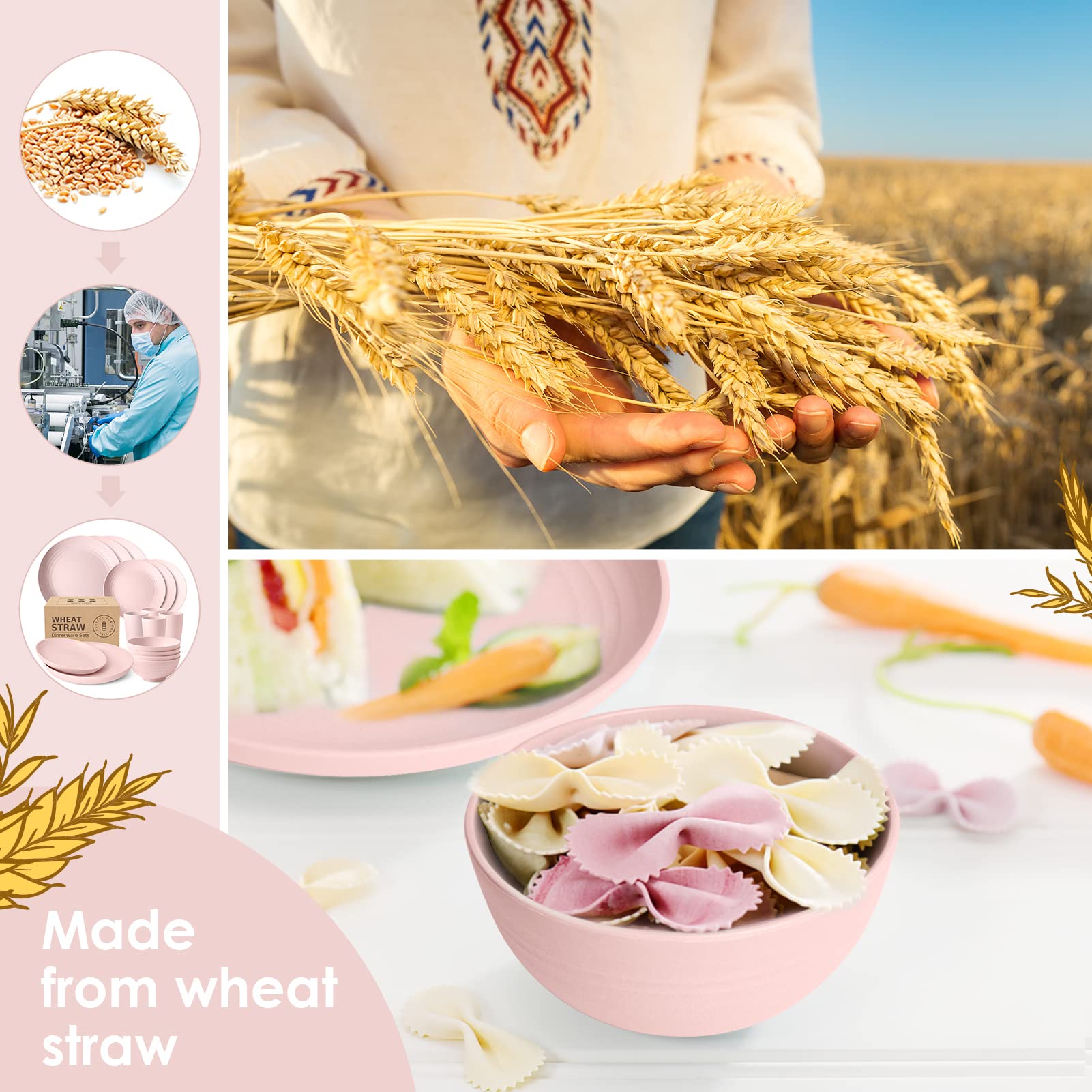 Teivio 16-Piece Kitchen Plastic Wheat Straw Dinnerware Set, Service for 4, Dinner Plates, Dessert Plate, Cereal Bowls, Cups, Unbreakable Plastic Outdoor Camping Dishes,Pink