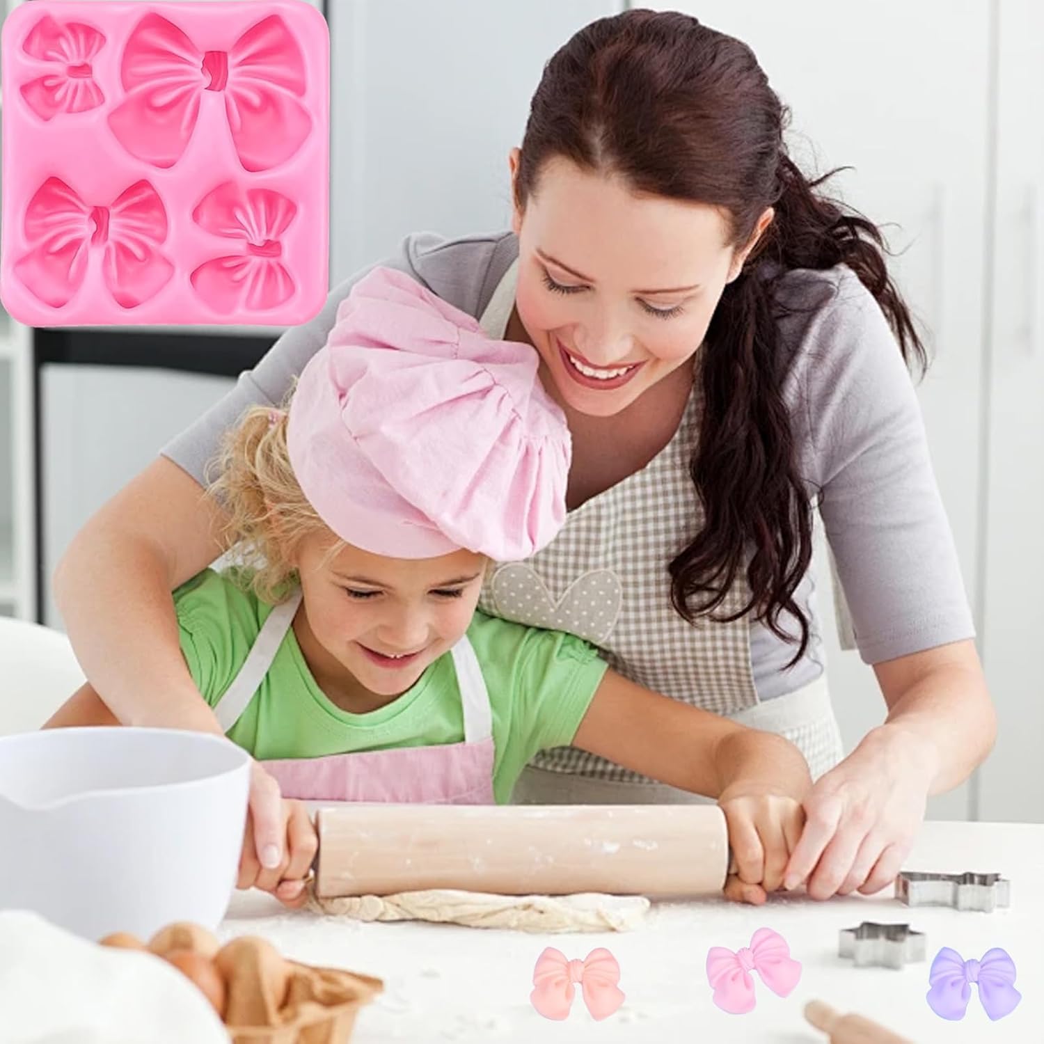 Skiennix Silicone Bow Molds - 4Pcs Set for Cakes, Cupcakes, Chocolate & Resin Crafts | Pink & Gray
