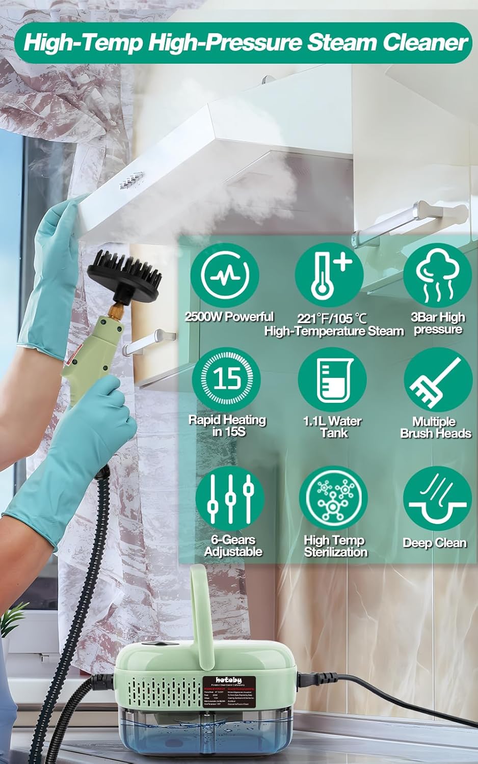 Skiennix Steam Cleaner - 2500W High Pressure Handheld Steamer with 6 Adjustable Gears | Portable Cleaning Machine for Home, Kitchen, Bathroom, and Car Detailing (Green)