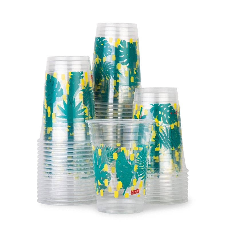 Glad Everyday Clear Plastic Cups with Palm Leaves Print - Sturdy Disposable Drinking Cups for Cold Beverages, Parties, Picnics, and Everyday Use, Recyclable #5 Plastic, 18 oz, 50 Count