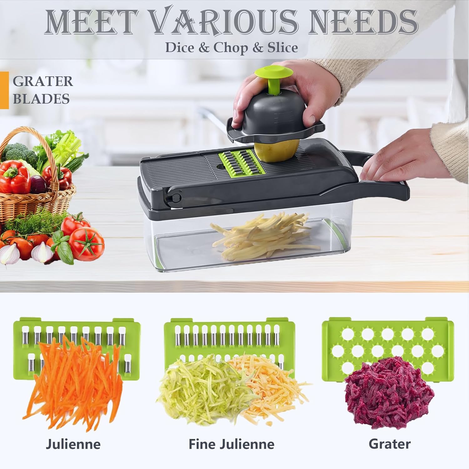 Skiennix Vegetable Chopper Dicer - Stainless Steel Manual Kitchen Gadget with Container & Grater