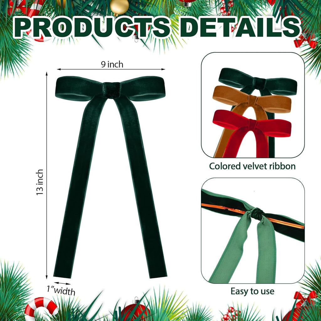 Skiennix 24 Pcs Velvet Bows - Vintage Ribbon Bows for Christmas Tree & Crafts | Dark Red, Cooper, Dark Green (9 x 13 Inch)