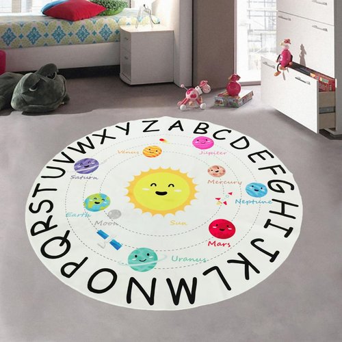 Round ABC Kids Rug, Circle Outer Space Rugs, Alphabet Playroom Rug, Non-Slip Universe Solar System Planet Theme Carpets for Playroom Educational Learning Area Rug for Classroom Living Room Bedroom