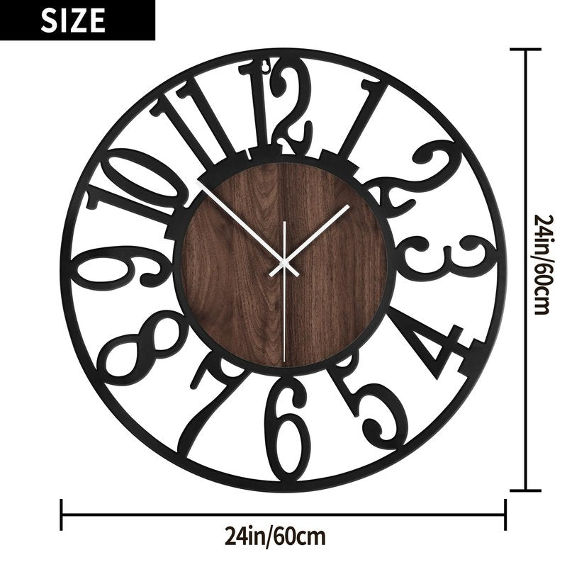 1st owned Large Wall Clock for Living Room Decor- 24" Decorative Antique Silent Non Ticking,Battery Operated,Black Metal,Wood Clocks for Farmhouse,Dining Room,Bedroom,Kitchen - Arabic Numerals
