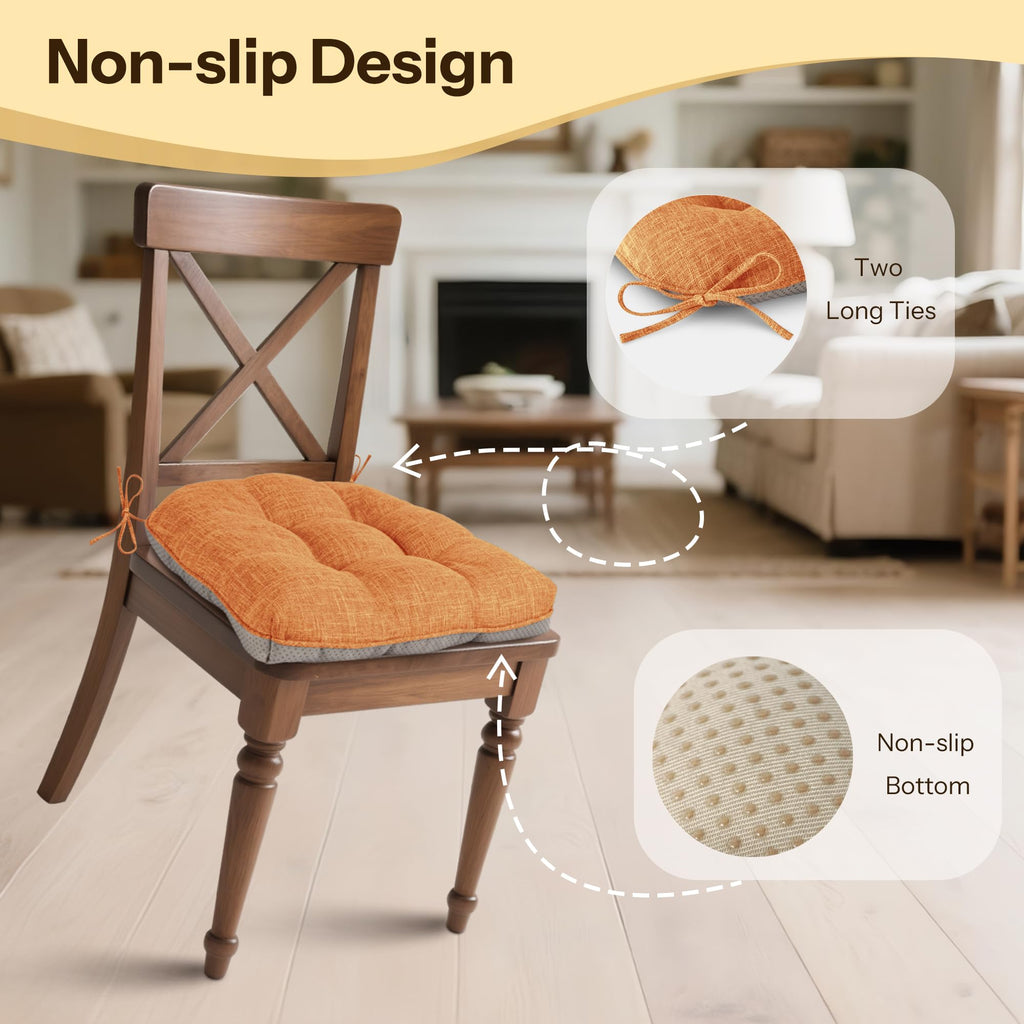 FlyGulls Non Slip Chair Cushions for Dining Chairs Set of 4 Kitchen Chair Cushions 18"x18"x3" Turfted Chair Pads Comfortable and Soft Seat Cushion with Ties, Orange