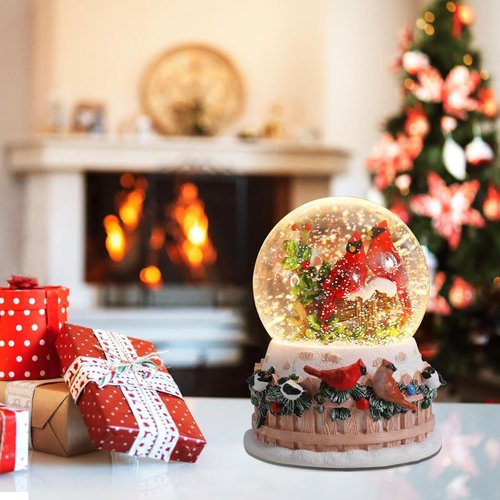 Bdor Christmas Cardinal Snow Globe - LED Lights & Music | 4.53" x 4.53" x 5.51" | 2 Modes: Color Changing & Warm Glow
