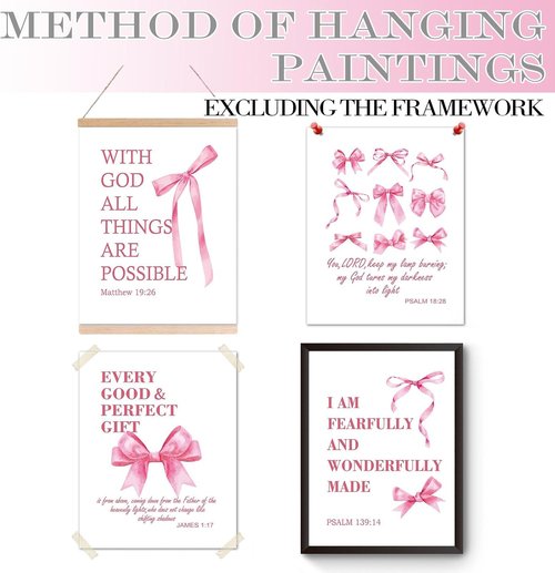 Hapons Coquette Pink Bow Wall Art Decor | Inspirational Bible Verses for Teen Girls' Rooms | 8"x10" Unframed Prints (4 PCS)