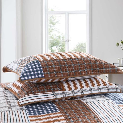 BCOTTOND Quilt, 100% Cotton Queen Quilt Set Patchwork Plaid Quilt Bedding Set Brown Blue Reversible Lightweight King Bedspread for All Season 3-Piece