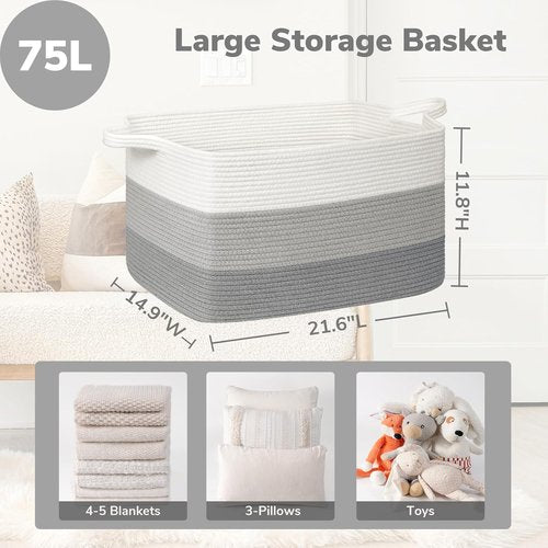 Goodpick Storage Basket - Large Woven Toy Organizer | 21.6" x 14.9" x 11.8" | Gray Blanket Basket