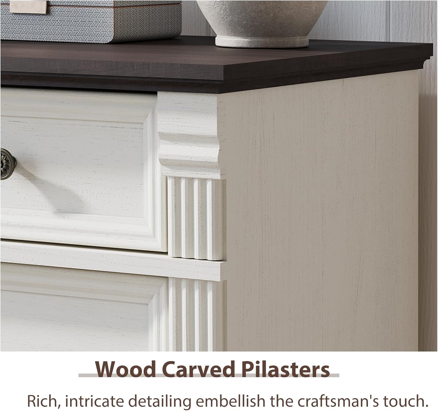 Regine Switzerland 6-Drawer Dresser - Rustic White Tall Chest with Chic Wood Pilasters | 47" Bedroom Organizer