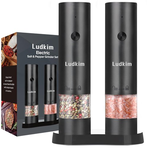 LUDKIM Electric Salt & Pepper Grinder Set- Dual Pack Rechargeable Automatic Pepper Mill with Storage Base, Adjustable Coarseness, Type-C Charging, Each 40ml Capacity for Kitchen, Travel & Gift