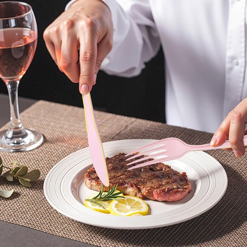 WDF 180 Pieces Pink Plastic Silverware with Gold -Pink Plastic Utensils Set - 60 Guest Cutlery Disposable for Birthday/Party/Wedding/Valentine's Day