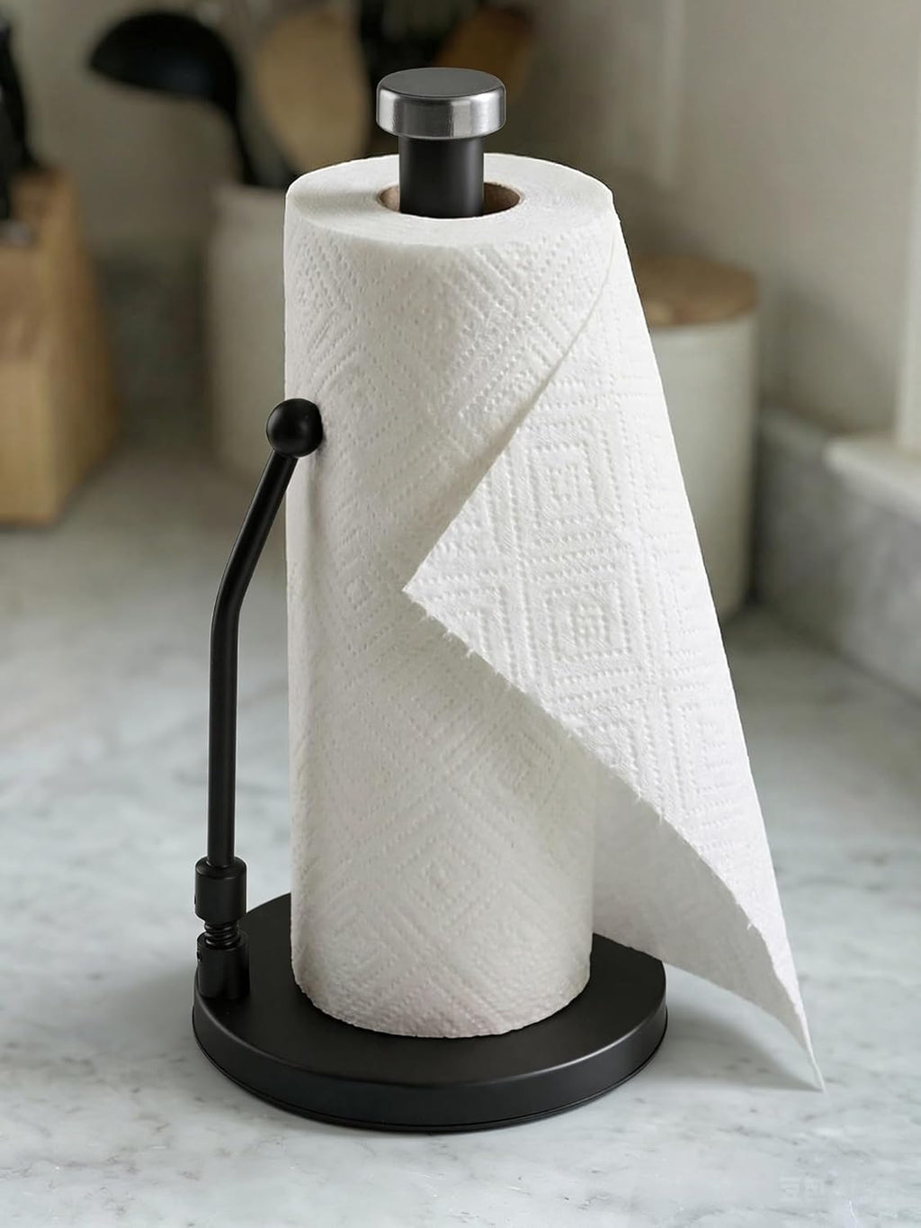 SMARTAKE Paper Towel Holder - Weighted Non-Slip Dispenser with Spring Arm for Most Roll Sizes - Black Stainless Steel