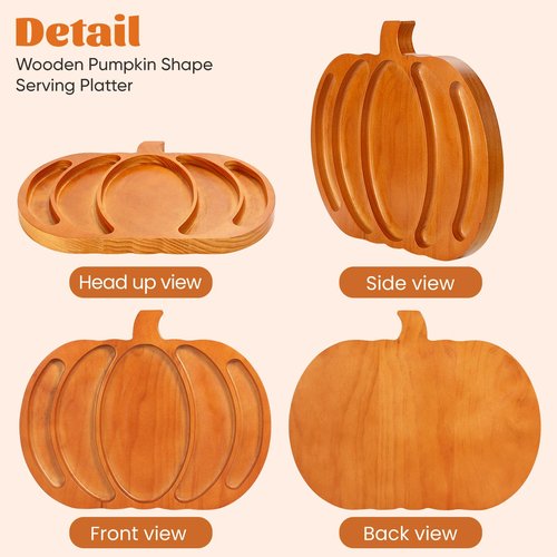 Autumn Harvest Wooden Pumpkin Serving Tray,15x11.8 Inches Snacks Fruit Meat Cheese Deli Plate,Split Dinner Plates for Halloween, Thanksgiving, Parties，Christmas Day