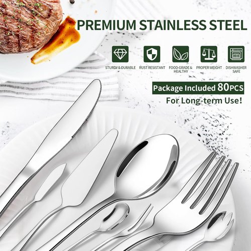 CEKEE Stainless Steel Silverware Set - 80 Pieces Flatware with Serving Utensils for 12 | Dishwasher Safe